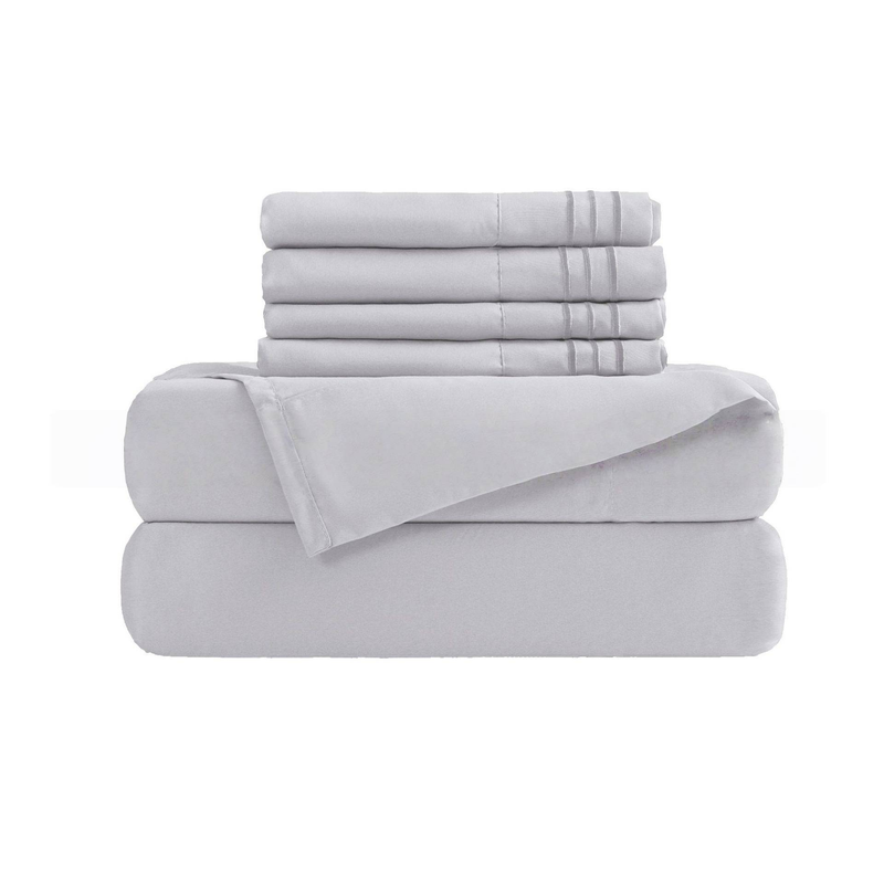 Set di biancheria da letto in tinta unita da 6 pezzi - federe ricamate e lenzuolo con angoli con triplo dettaglio_voghion.com