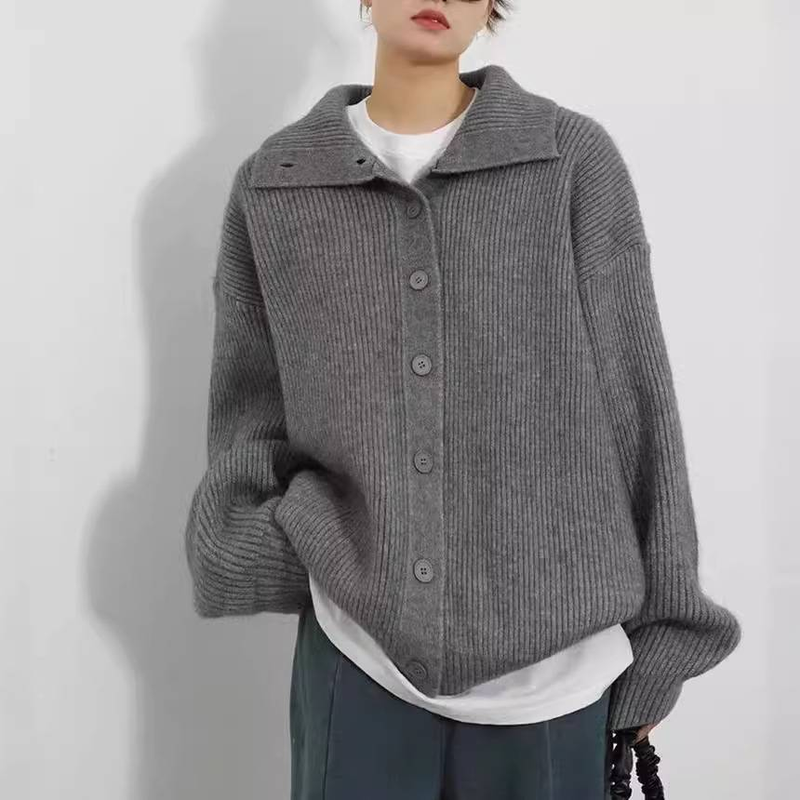 Oversized Knit Cardigan – Button-Down Collared Open Front Sweater (Black/Gray/Beige, One Size)_voghion.com