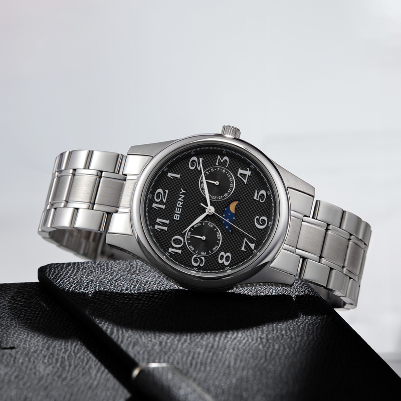 BERNY Watches For Men MultiFunction Analog Quartz Moon Phase Watch With Day Date Stainless Steel Easy To Read Waterproof Dress Men's Wrist Watch_voghion.com