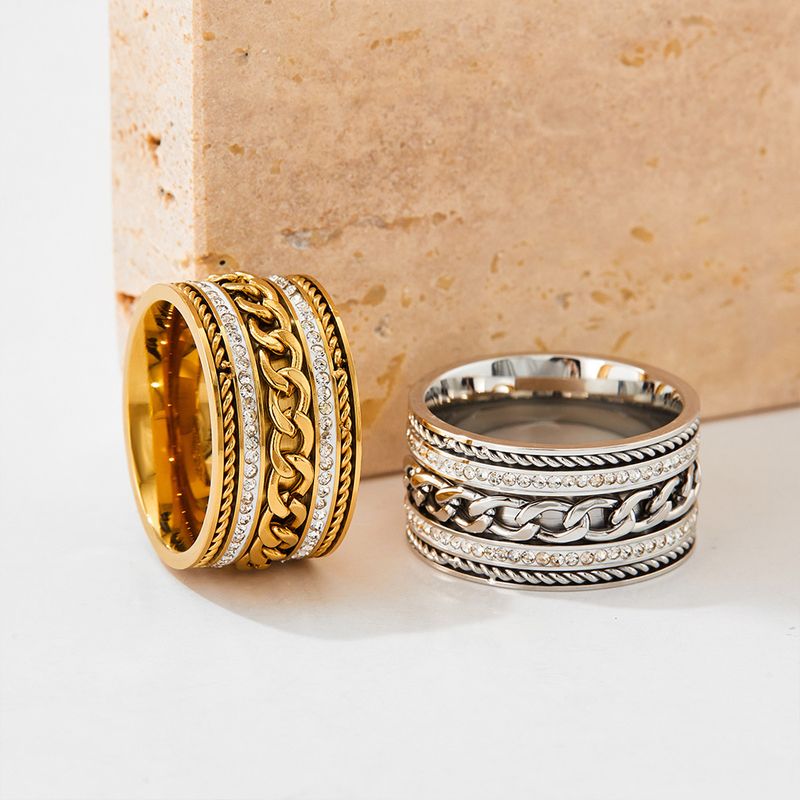 Damessieraden Roestvrijstalen ring met dubbele rij brede band en kubieke zirkonia, gedraaid kettingontwerp om te stapelen, elegant en stijlvol accessoire_voghion.com