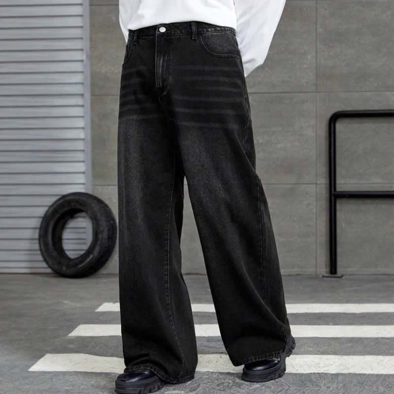 Herren-High-Street-Jeans aus gewaschenem Denim – entspannte gerade Passform, klassischer Cat-Whisker-Distressing, vielseitige Freizeithose für den Alltag_voghion.com