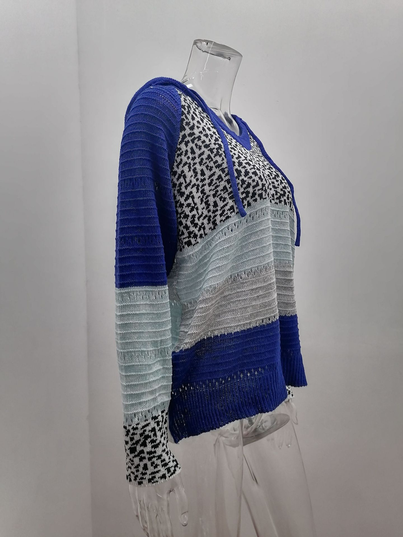 Roupas femininas New Wish Outono e Inverno Listrado Com Capuz Suéter Estampa Leopardo_voghion.com