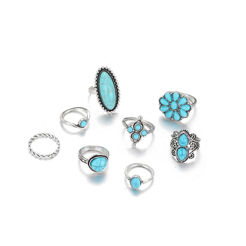 Bohemian Turquoise Flower Fried Dough Twists 8-piece Set Ring Jewelry_voghion.com