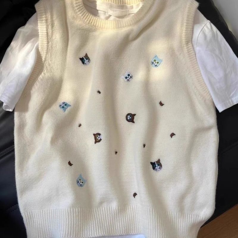 Gilet pull sans manches pour femme, nouvelle version coréenne du printemps 2024, avec broderie de chat amusant, réduction de l'âge_voghion.com