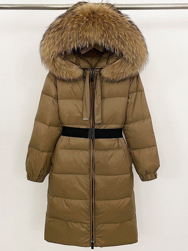 Cappotto di lusso in piumino d'anatra bianco con cintura in vita e finiture in pelliccia di volpe, parka invernale lungo con cappuccio per donna_voghion.com