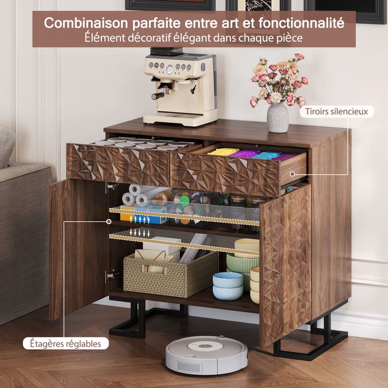 Credenza Kommode 80x78cm Walnussoptik Mit Blattrelief, 2 Schubladen & 2 Türen, Metallbeine_voghion.com