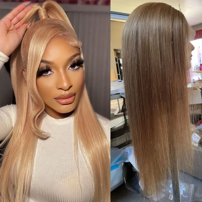 Parrucca in pizzo completo con base in seta bionda, capelli umani lisci brasiliani al miele per le donne_voghion.com