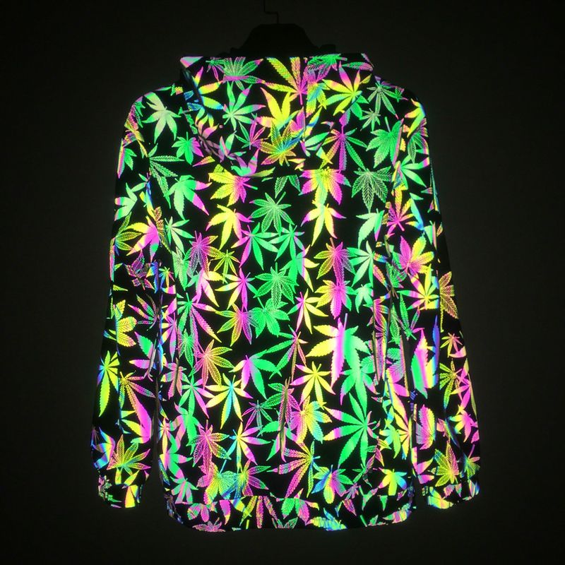 Men's Clothing Colorful leaf laser jacket men's ins trendy tops loose zipper hooded pullover reflective jacket_voghion.com