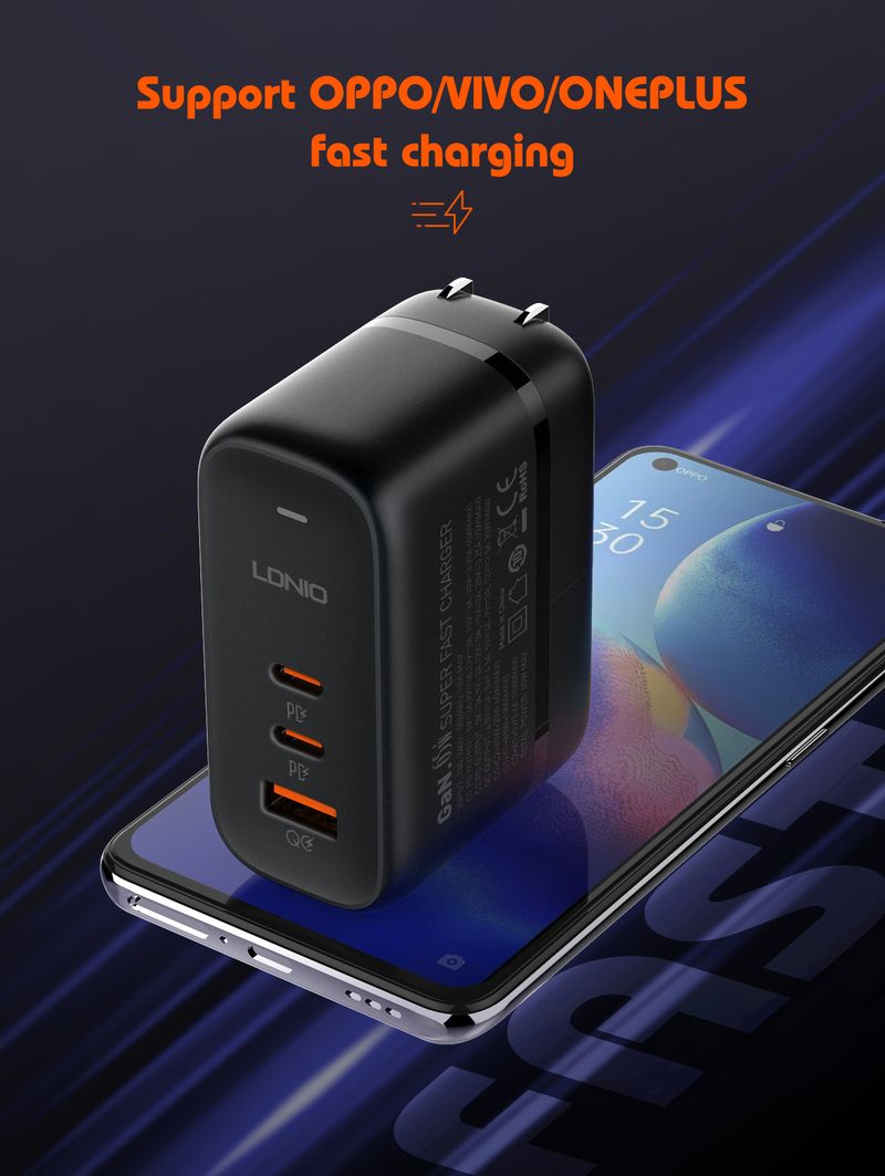65W USB C GaN Charger With 3 Ports International EU UK US AU Travel Plug Adapter Power Cord_voghion.com