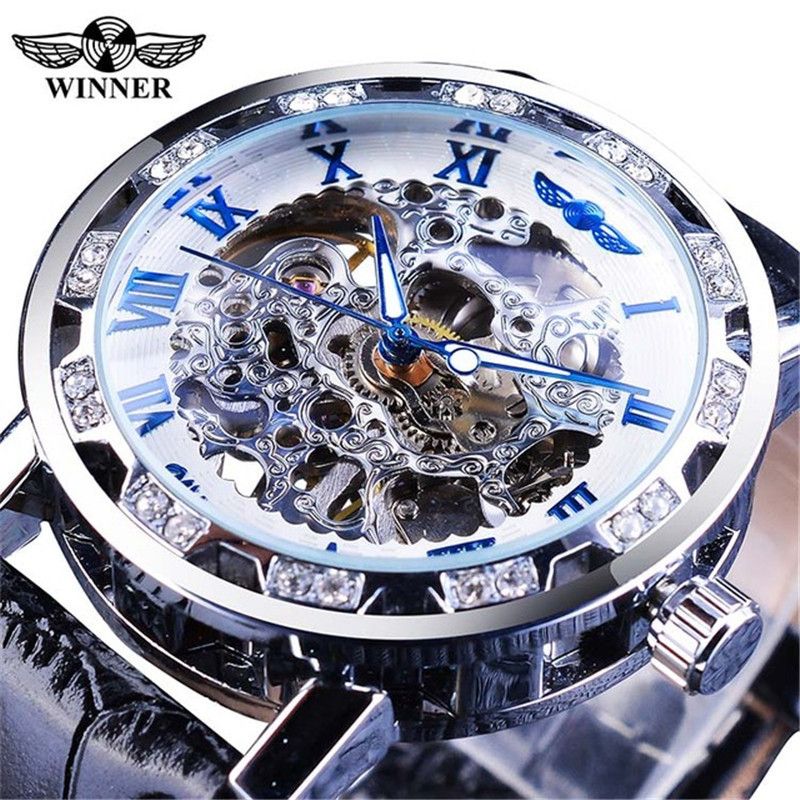 Men's Fashion Skeleton Mechanical Watch With Rhinestones - Hand-Winding Luxury Timepiece, 40mm Leather Strap, Stainless Steel Buckle_voghion.com