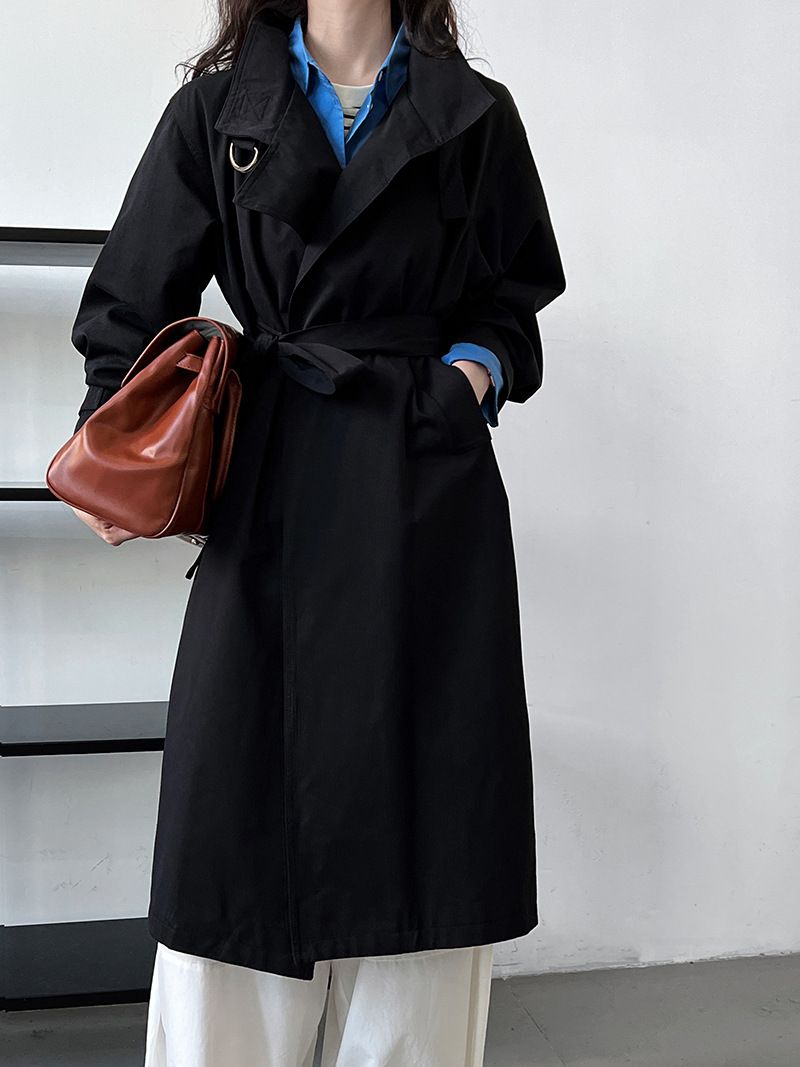 Elegant British-Style Long Trench Coat For Women – Minimalist & Luxurious Knee-Length Overcoat With Adjustable Belt, Pure Cotton, Black & Light Beige_voghion.com