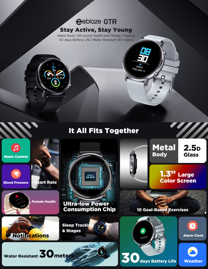 Zeblaze GTR smartwatch Android iOS heart rate monitoring blood pressure circular touch screen metal version_voghion.com