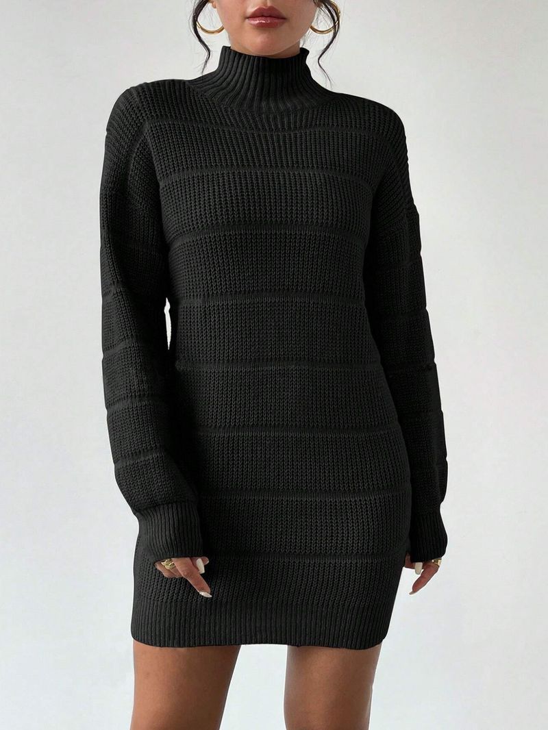 Slim-Fit Ribbed Knit Dress – Versatile Mock Neck Long Sleeve Bodycon Dress For Women (Black/White/Wine, S-XL)_voghion.com