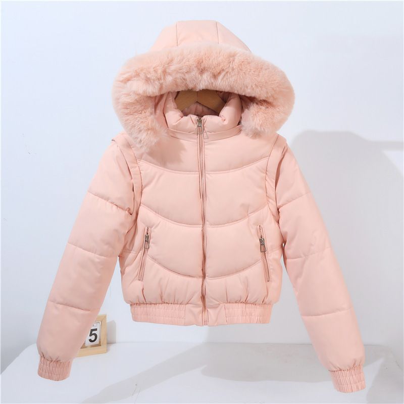 Doudoune courte convertible à manches amovibles et capuche en fausse fourrure pour femme - Manteau d'hiver taille haute doublé polaire épaisse_voghion.com