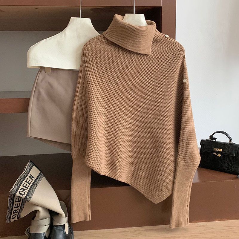 Vêtements pour femmes Pull à col montant irrégulier Pull à col montant Haut en tricot surdimensionné Doux Coupe ample Décontracté Pull à manches longues Chic Tunique de couleur unie_voghion.com