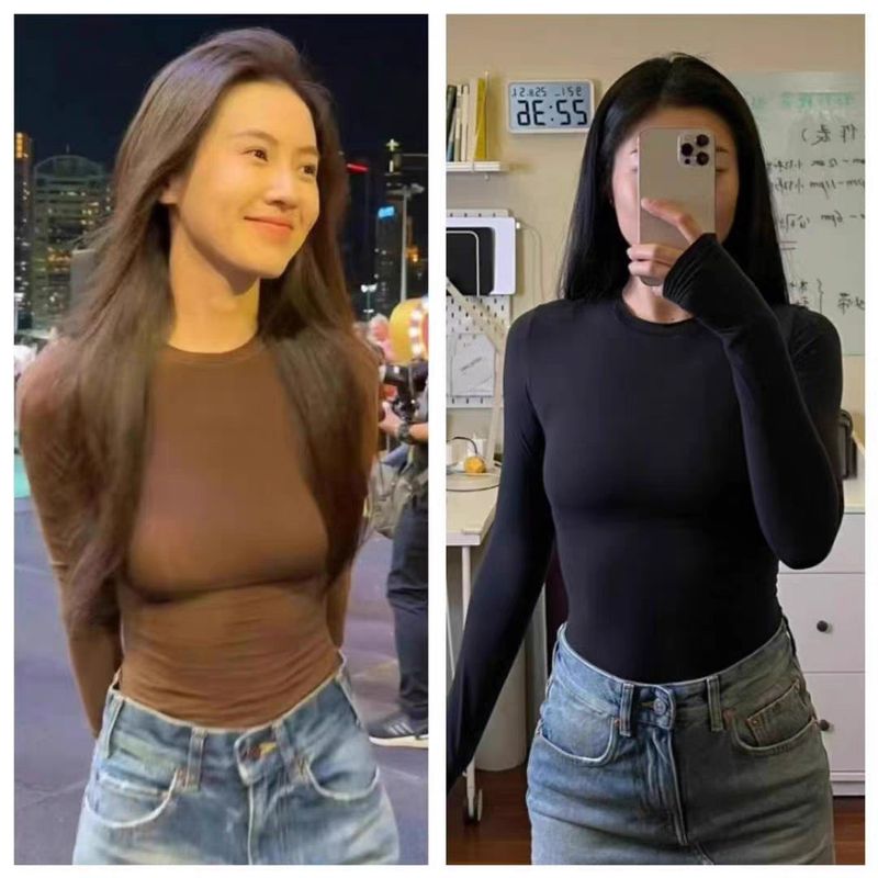 Kim Kardashian Kento Round Neck Base Shirt For Women's Sring Tight Fitting T-shirt Long Sleeved Slim Fit Solid Color_voghion.com