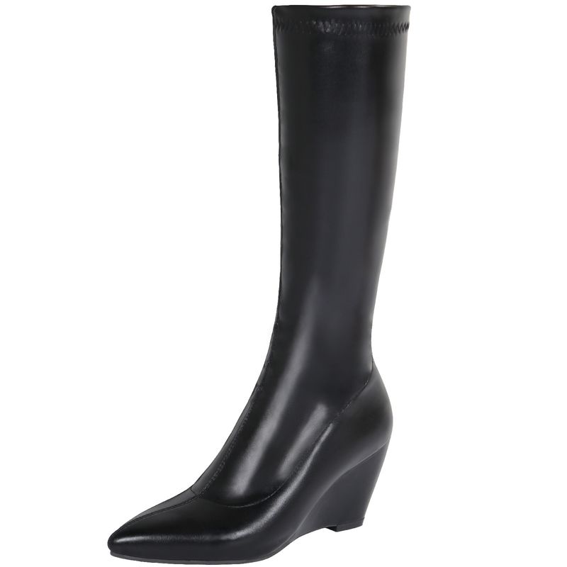 Head wedge elastic boots mid-calf high heel boots new large size women's leather boots_voghion.com