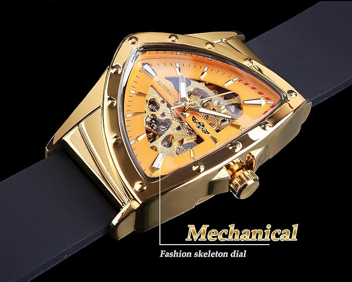Men's automatic mechanical watch with triangular dial, hollowed out luminous silicone strap, sports watch_voghion.com