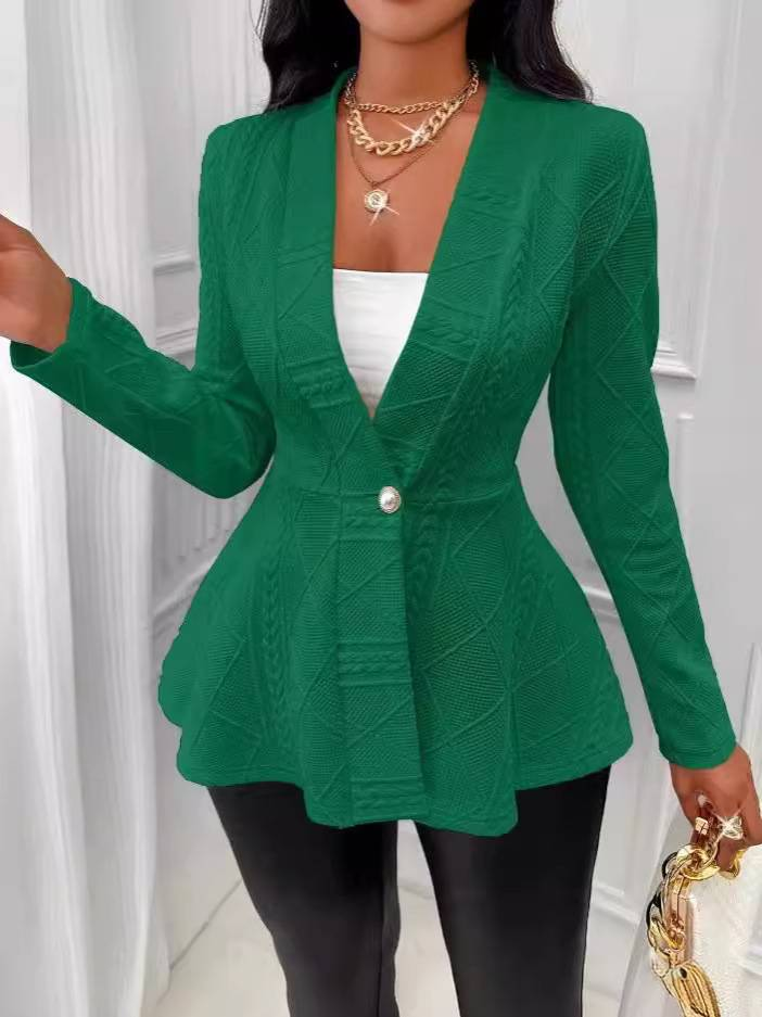 Women's Clothing new casual texture single button green fruit collar long sleeved top jacket_voghion.com