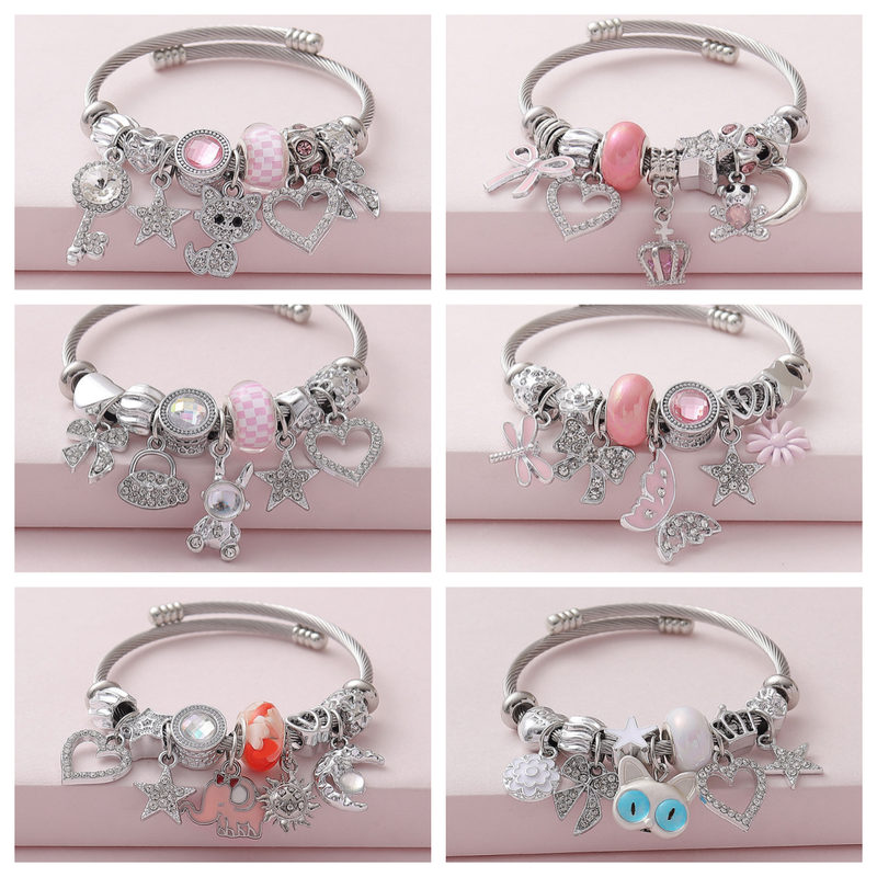 1 pezzo di braccialetto regolabile in acciaio inossidabile da donna, serie di simpatici animali, farfalla, elefante, orso, fai da te, dolce braccialetto di perline_voghion.com