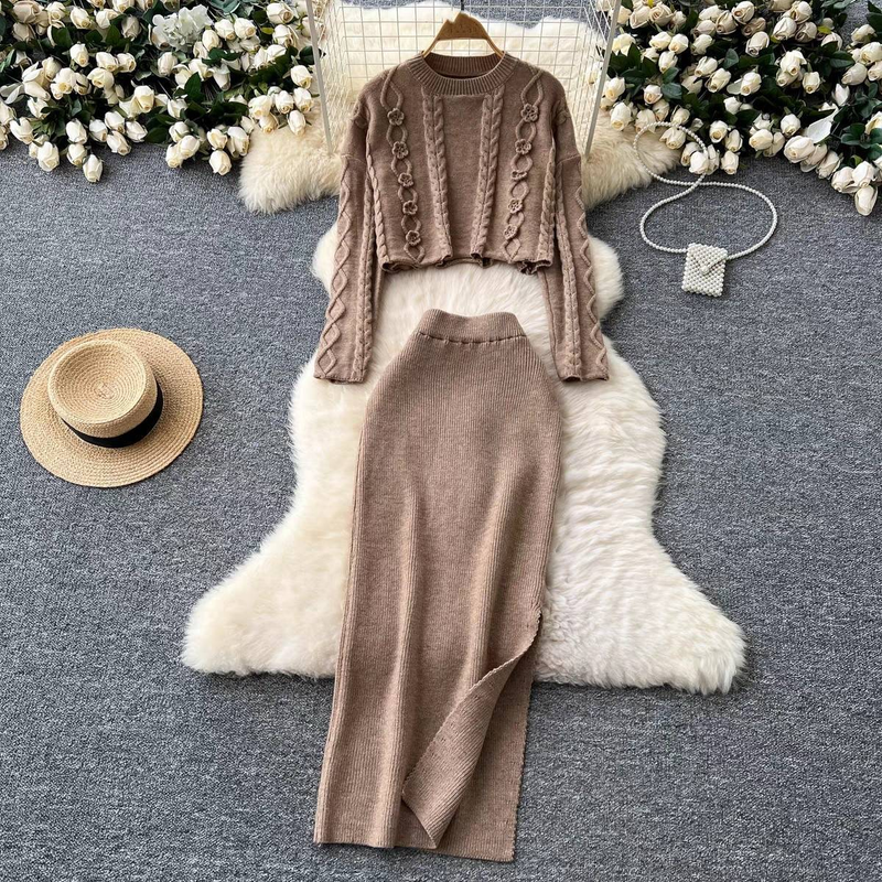 Dameskleding Losse gebreide trui pak Hoge taille Slanke heupen Split rok_voghion.com