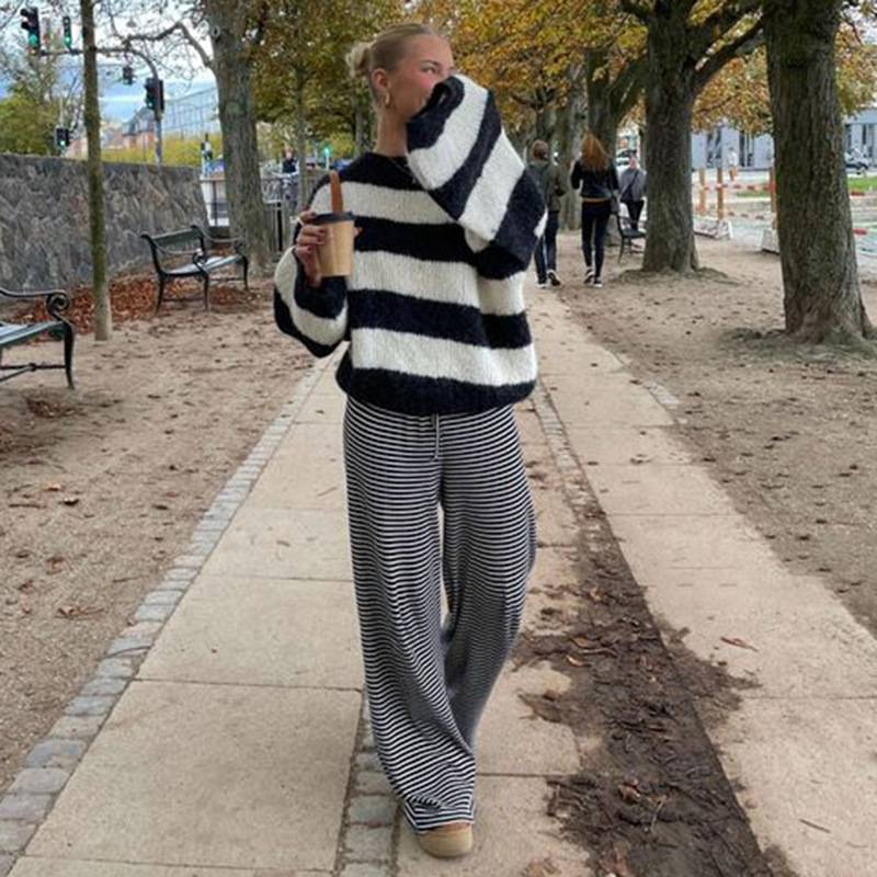 Lässige Streifen Niedrige Taille Baggy Jogginghose Kordelzug Elastische Hose Frauen Beiläufige Lose Gerade Bein Hosen Sommer Streetwear_voghion.com