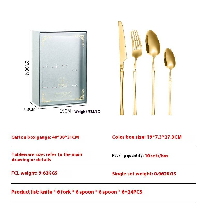 Juego de cubiertos de acero inoxidable de 24 piezas - Estuche de regalo fino con cuchillo, tenedor y cuchara dorados para carne y comida occidental._voghion.com