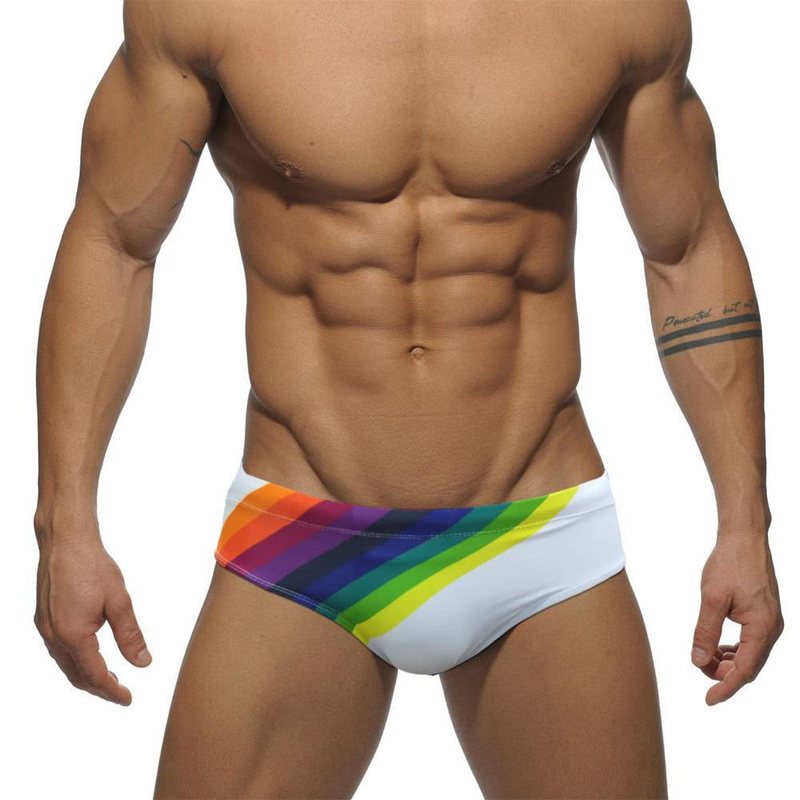 Men's Swimming Trunks With Rainbow Print, Low Waist, Men's Triangle Swimming Trunks, Cup Cover, Anti-embarrassment Tie, Beach Pants_voghion.com