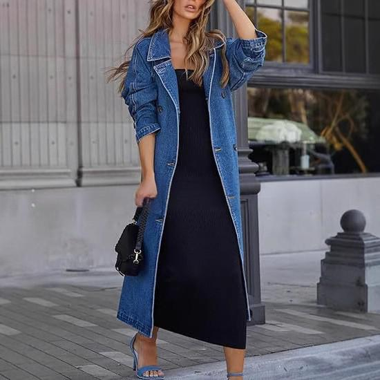 Women's Clothing Vintage Denim Duster Coat For Women – Oversized Button-Up Long Jacket Double Pockets Distressed Patchwork Design Casual Elegant Style_voghion.com
