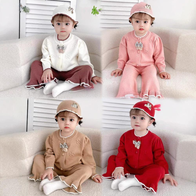 Mother & Kids Soft Cotton Baby Girl Outfit 2-Piece Set Cute Cartoon Print Long Sleeve Cardigan & Pants (White, Pink, Gray, Beige, Red, Green)_voghion.com
