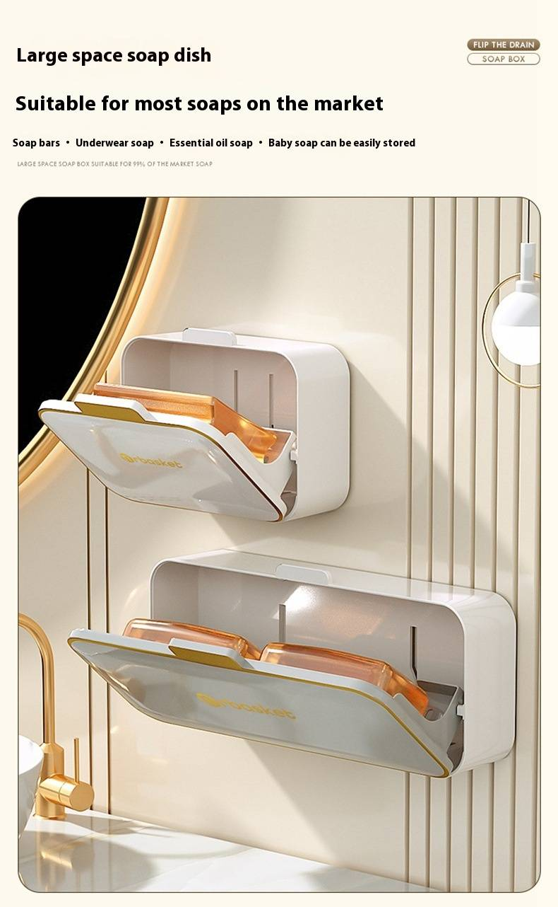 Premium ABS Soap Holder With Flip Lid & Suction Cup – Wall-Mounted No-Drill Bathroom Organizer (Gold/White/Gray, Small & Large Sizes)_voghion.com