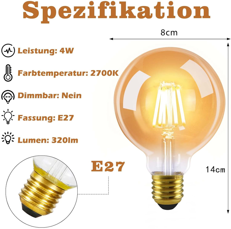 Glitzerlife LED Glühbirne 2er E27 Vintage Lampe -G80 Warmweiß Filament Leuchtmittel 2700K 4W Glühlampe Glas Antike Energiesparlampe Für Hotel Haus Café Bar_voghion.com