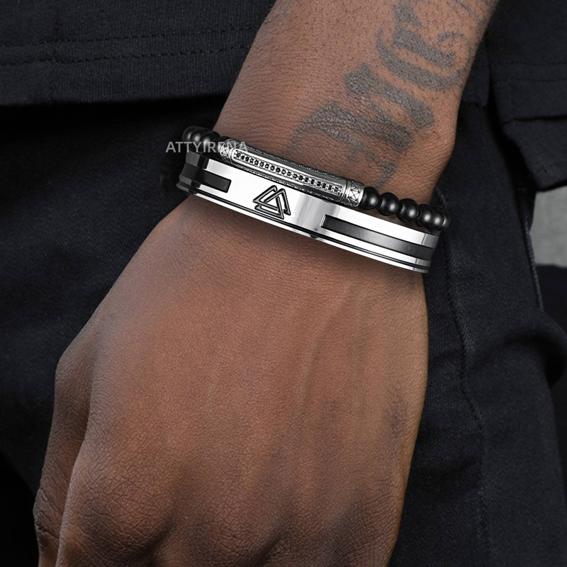 Ensemble de bracelets Viking Warrior pour homme - Bijoux manchette en acier inoxydable avec casque nordique et runes - Collection de bracelets Punk Armor (ensemble de 3 pièces) Casque de guerrier romain_voghion.com