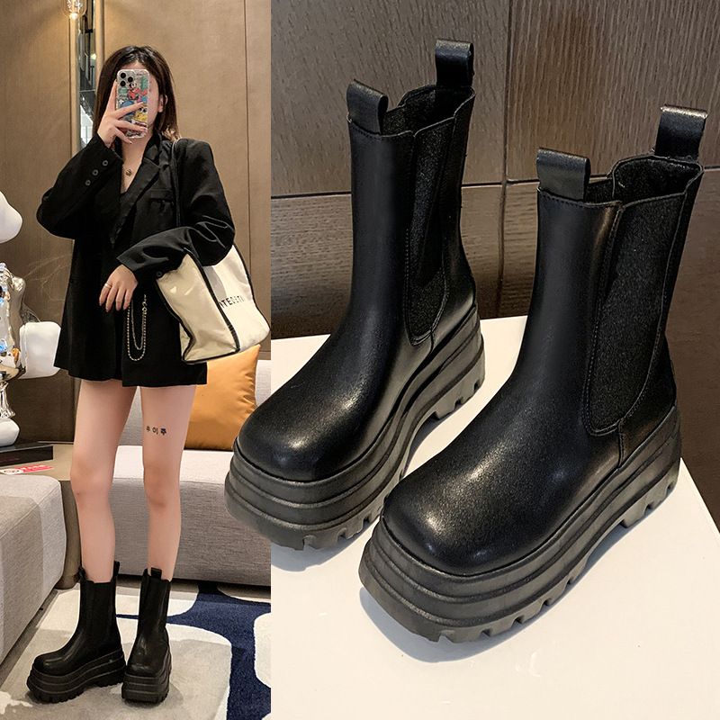 Large-sized Cross-border Chimney Boots For Women 2 New Thick-soled, Caked-soled, Chain Elastic Boots_voghion.com
