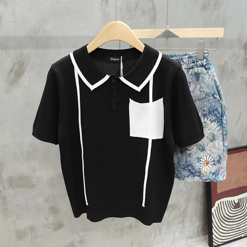 Herrenbekleidung Leichtes, luxuriöses, farblich passendes, hochklassiges Retro-Poloshirt mit kurzen Ärmeln und Tasche für den Sommer, dünnes, schmales, gestreiftes T-Shirt mit halblangen Ärmeln_voghion.com