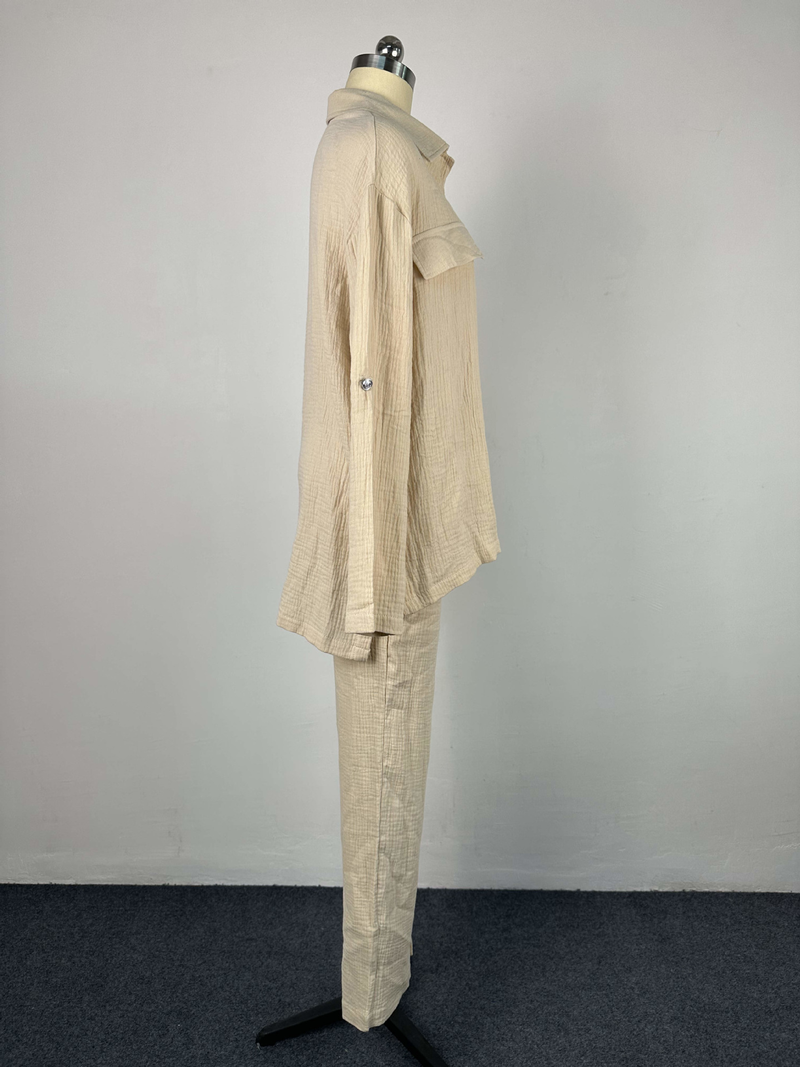 Γυναικεία Ρούχα Plus Size Διπλή στρώση Crepe Loose Μεγάλο Πέτο Μακρυμάνικο Πουκάμισο Casual_voghion.com