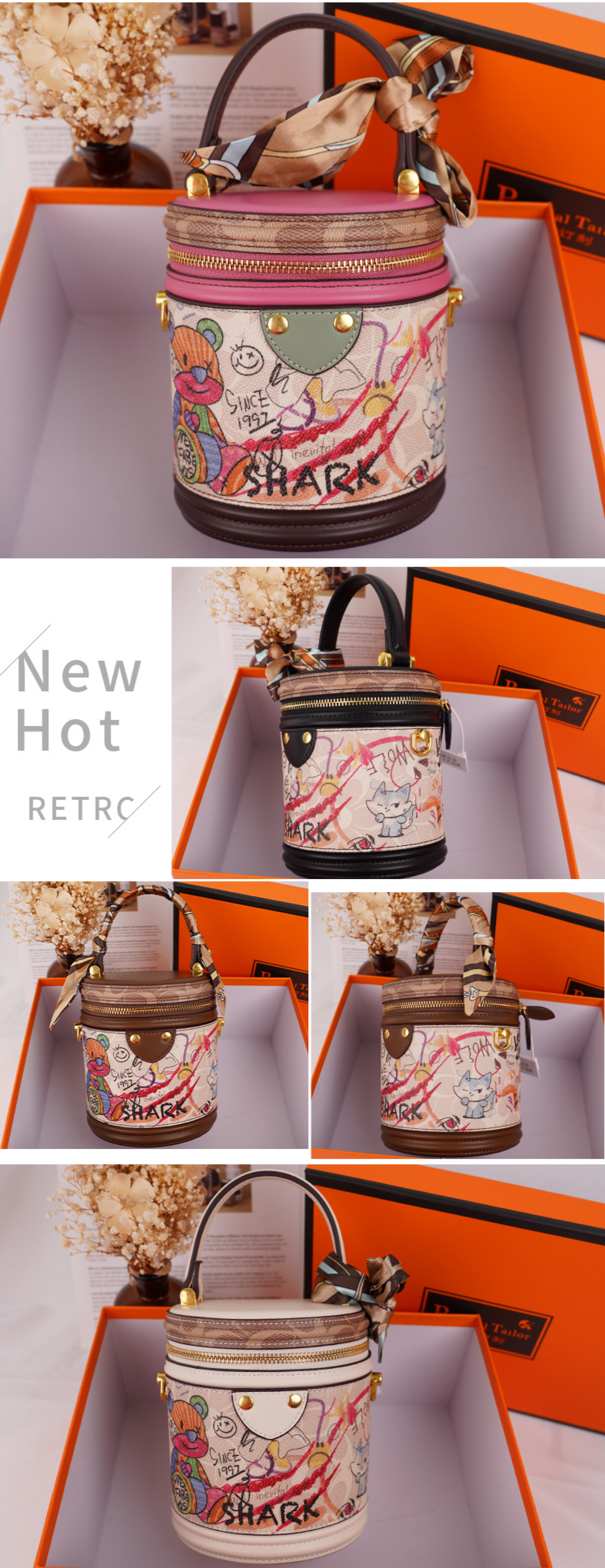 Niche Design 2023 Little Bear Graffiti Bucket Fortune Bucket Fashion Zylindertasche Tragbare Schulter-Crossbody-Damentasche_voghion.com