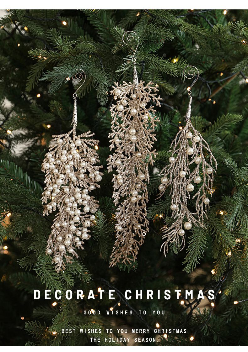 Ornements de Noël en forme de feuille de pin en plastique orné de perles couleur champagne doré – Décoration élégante et irrégulière à suspendre pour décorer votre sapin et votre intérieur pendant les fêtes._voghion.com