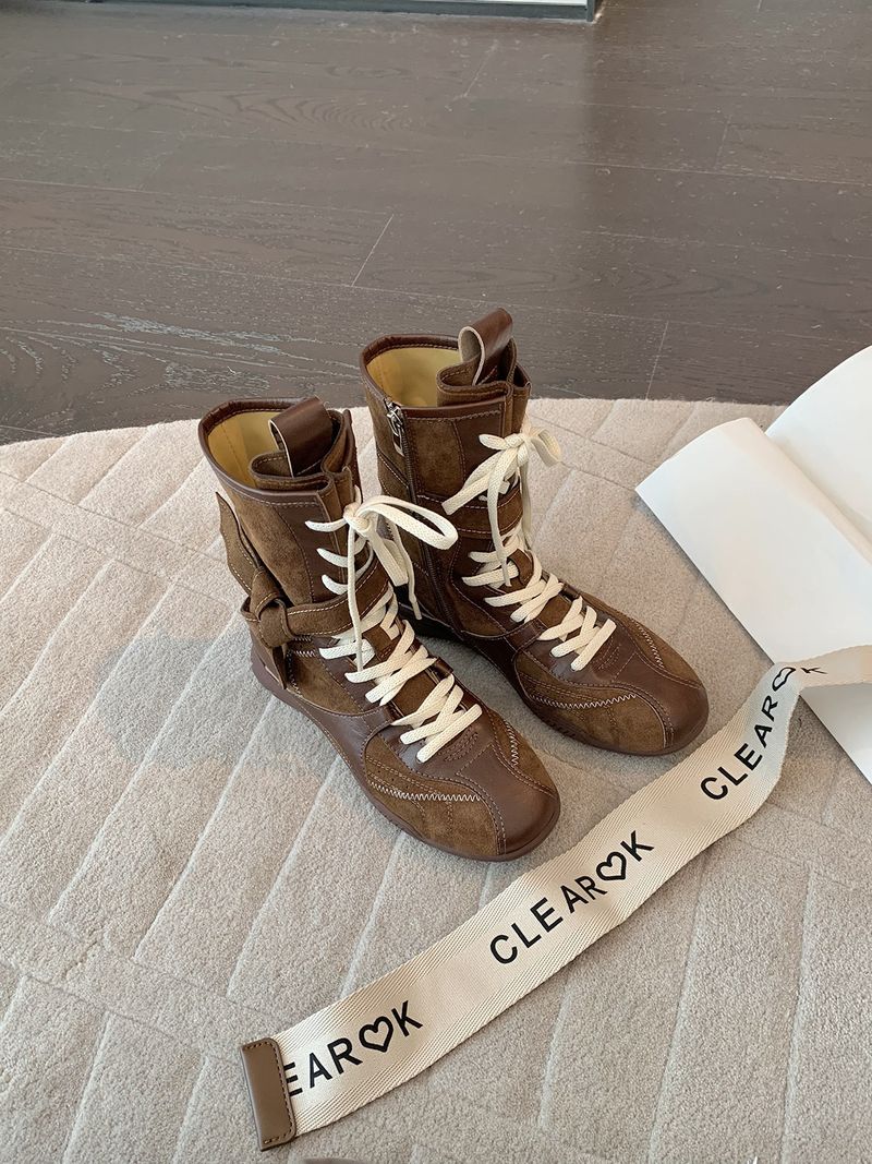 Women Boxing Boots Cowhide Version Grape Mom Same Style Boxing Color Matching Lace Side Zipper Hunting Training Martin Women's Short Boots_voghion.com