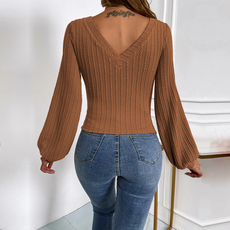 T-shirt da donna a maniche lunghe lavorata a maglia con temperamento slim fit con scollo a V e maniche a palloncino_voghion.com