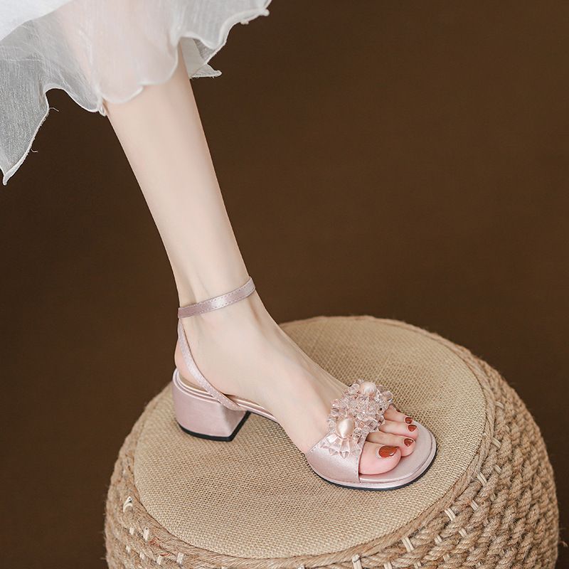 Wide Toe Round Head Chunky Rhinestone Mid Heel Mary Jane Women's Sandals Comfortable For Long Wear Versatile New Summer_voghion.com