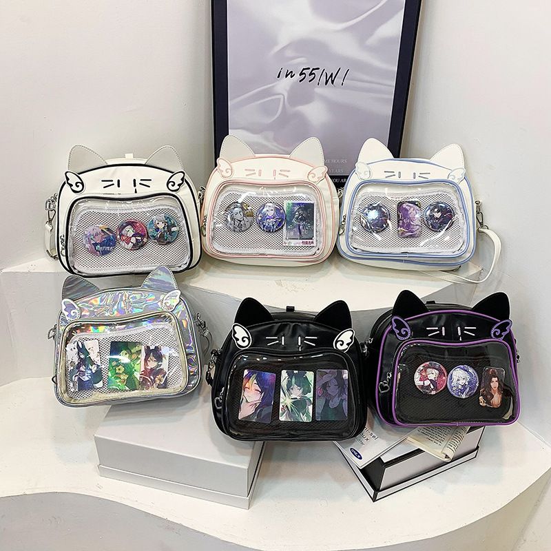 Millennial JK Hot Girl Pain Double Large Capacity Mechanical Transparent Cute Cat Badge Grain Single Shoulder Crossbody_voghion.com