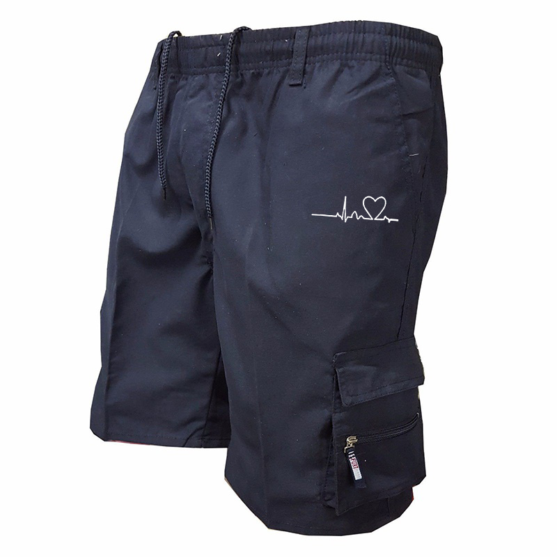 Herrshorts med EKG-tryck och hjärtslag – taktisk design med fyra fickor, snabbtorkande, rynkfria tyg och förstärkt stretch._voghion.com