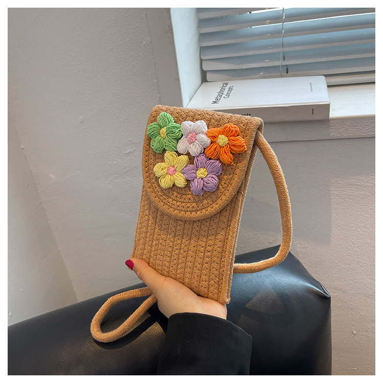Cotton Cord Mobile Phone Bag Women's Crossbody Mini Bag Handwoven Flower Zero Wallet Beach Vacation Crossbody Bag_voghion.com