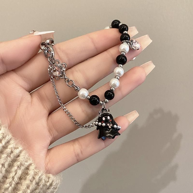 Schwarz-weißes Perlenarmband mit kleinem Geist für Frauen, Accessoires für beste Freunde, minimalistischer Nischenstil, High-End-Süß_voghion.com