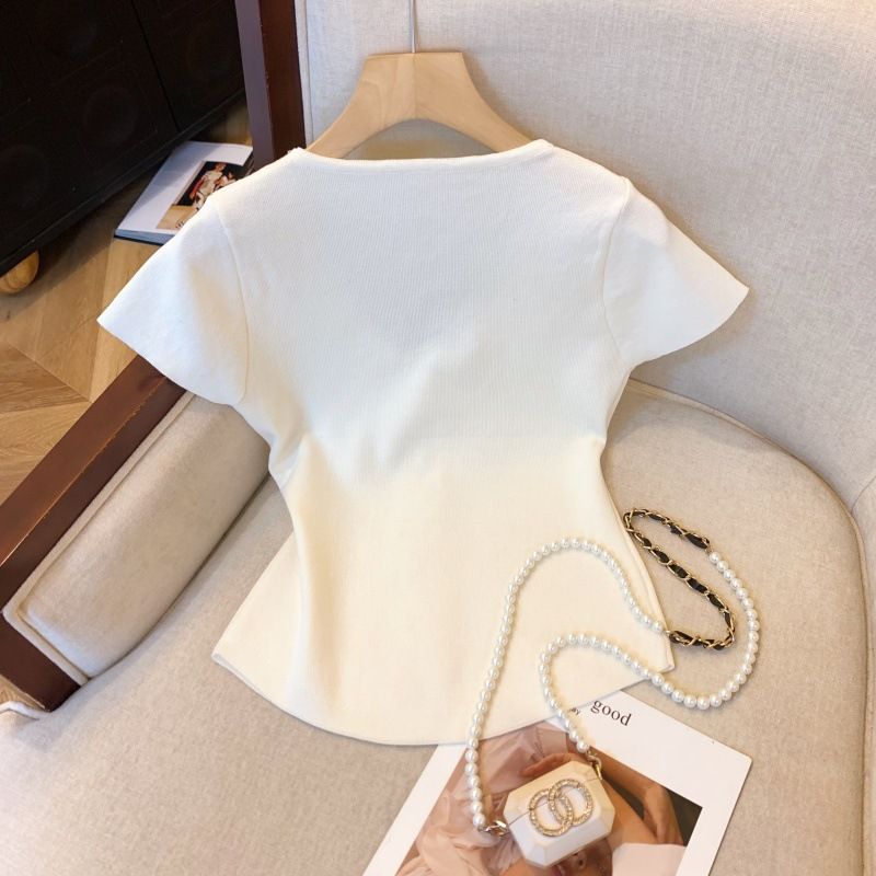 Maglietta a maniche corte in maglia con scollo a V, da donna, Real Shot_voghion.com