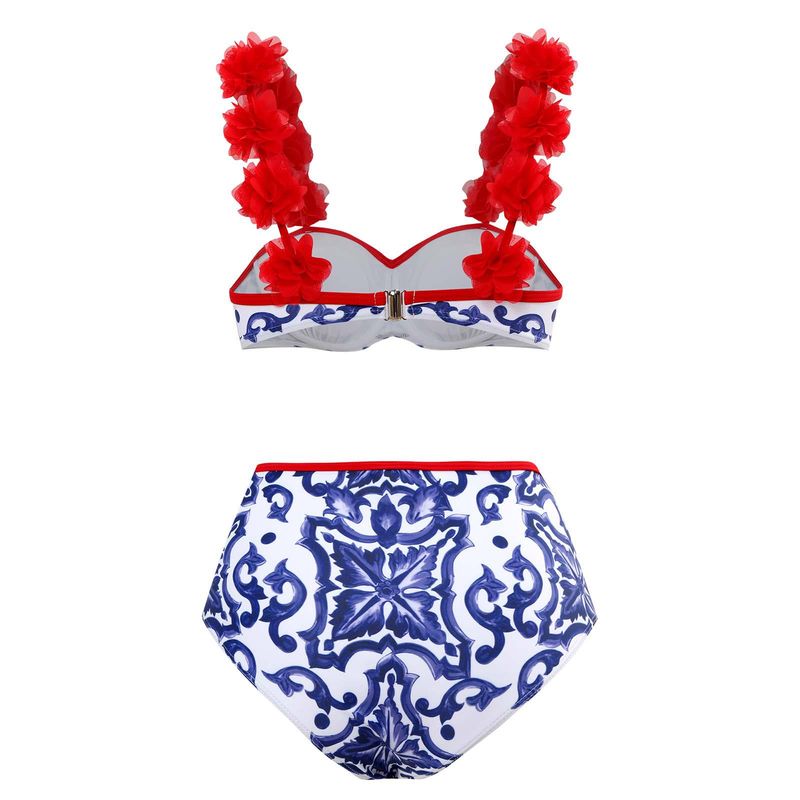 Maillot de bain de vacances pour femme, ensemble trois pièces pour femme, imprimé numérique rétro, jupe fendue noble, maillot de bain_voghion.com