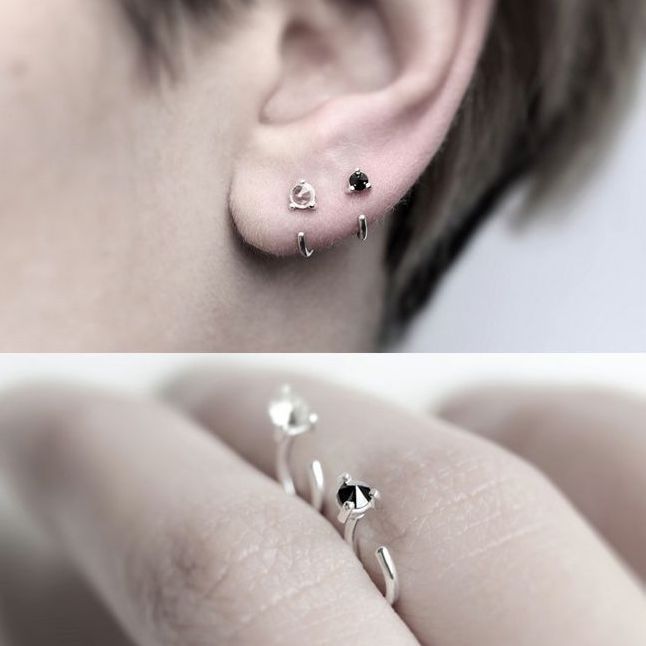 Korean style temperament, personality, studded black and white diamonds, C-shaped ear hooks, semi-circular fashion,_voghion.com