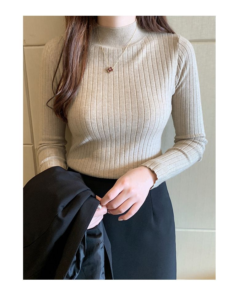 Autumn Winter New Women's Half-Polo Turtle Neck Knit Sweater Solid Color Base Layer Top Inner Outer Wear Stylish Medium Length_voghion.com