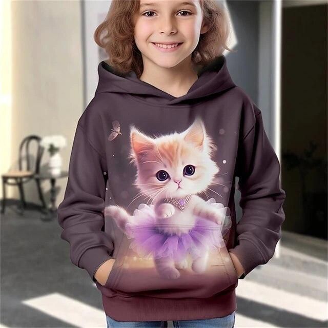 Abbigliamento per bambine, felpa con cappuccio, alla moda, con stampa di un gattino carino, ragazza ampia e alla moda_voghion.com